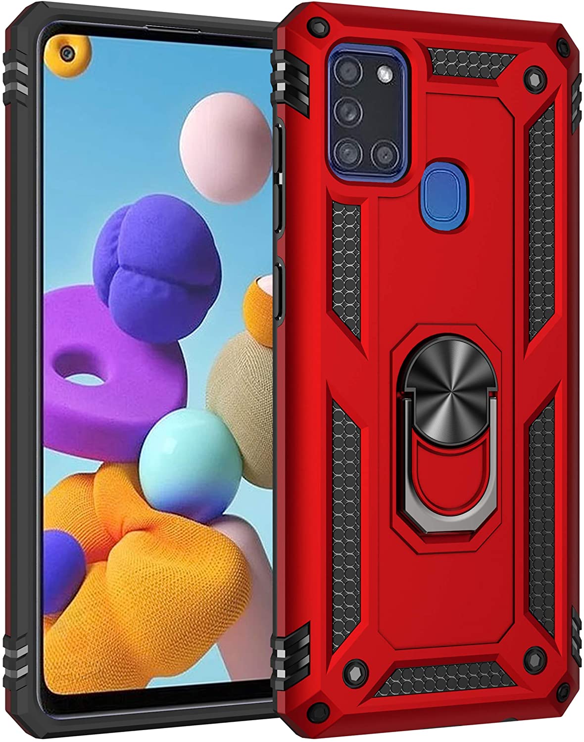 Tech Armor RING Grip Case with Metal Plate for Samsung Galaxy A21S (Red)